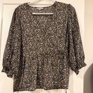 Wishlist Black Floral V-Neck Peplum Blouse with Yellow & White Ditsy Print